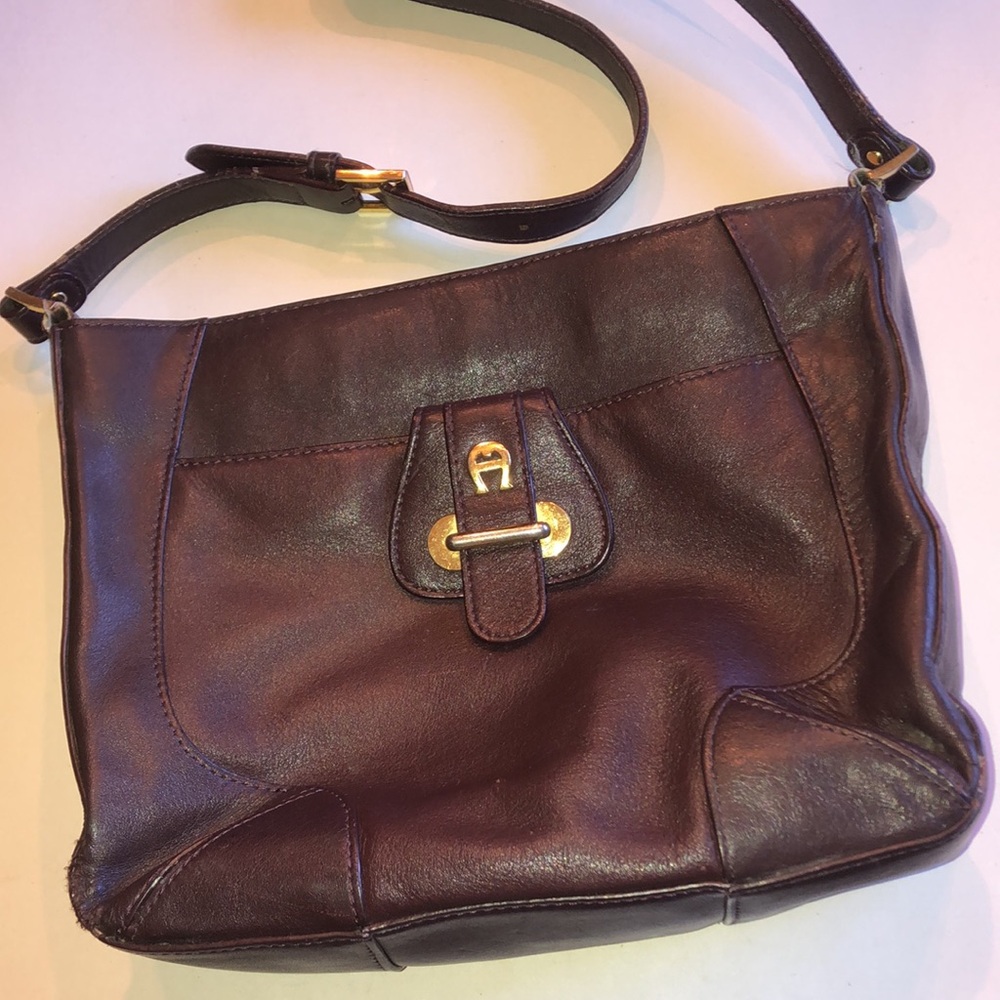Etienne Aigner Leather Shoulder Bag in Dark Brown with Gold Tone Hardware